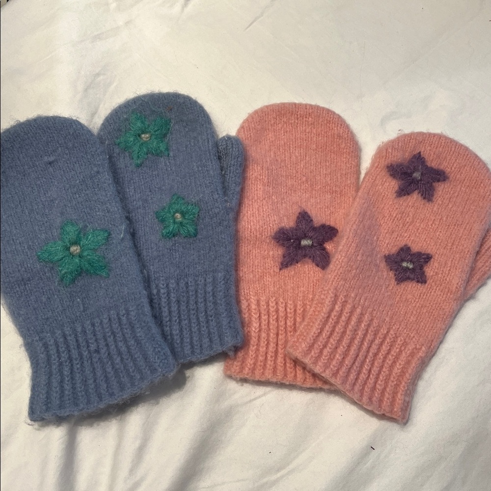 Floral Embroidered Mittens: 2 Pairs